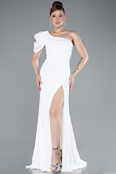 Abiyefon Ekru Tek Omuz Bacak Dekolteli Uzun Şifon Balık Abiye ABU4091
