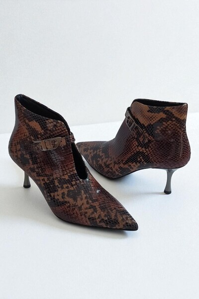 ERS Air Comfort Genuine Leather Snake Pattern Brown Women's Ankle Boots 7 cm ...