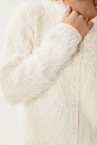 Ritnice Women's Rush Soft Bearded Cream Crew Neck Knitwear Cardigan Ws-07226