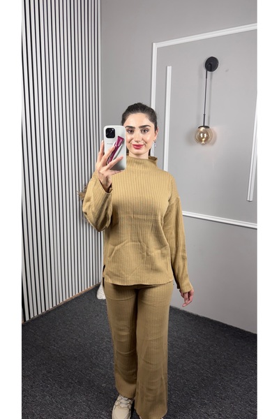 TEXXANA Striped Detailed Long Sleeve Knitwear Bottom Top 2-Piece Set