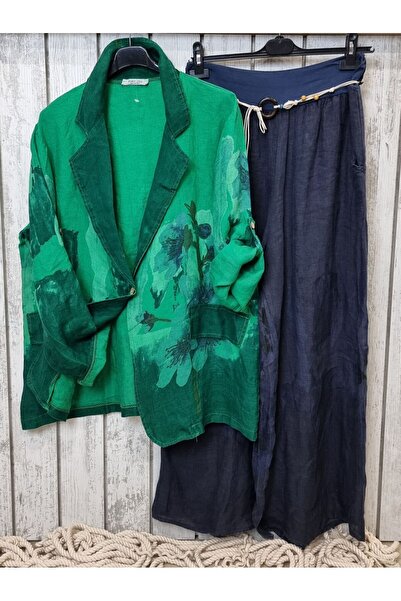 pudubutik Oversize Patterned Green Linen Jacket