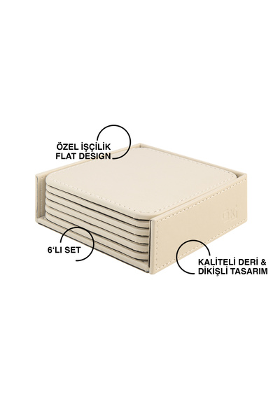 2K Coasters, Set of 6, Desktop Square Cup Coaster, Vegan Faux Leather, 11X11 Cm., Beige