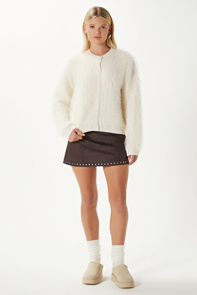 Ritnice Women's Rush Soft Bearded Cream Crew Neck Knitwear Cardigan Ws-07226