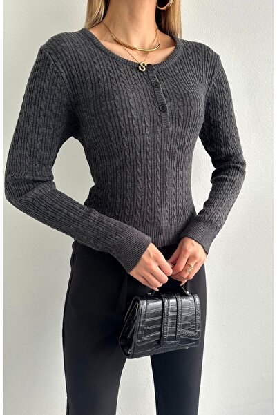 fujya Open Collar Knitted Purry Knitwear Blouse Anthracite