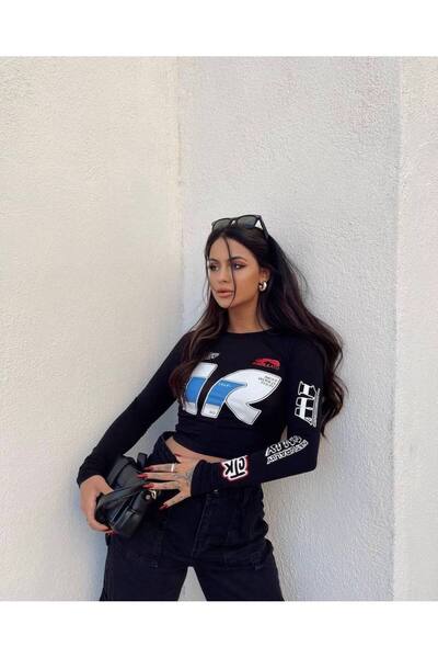 Le Savu Μαύρη μπλούζα με μακριά μανίκια Racing με τύπωμα