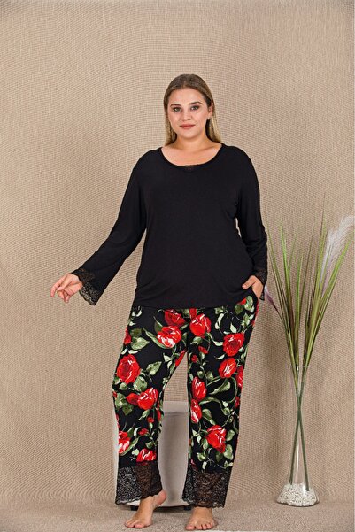 MOPİ Plus Size Black-Red Floral Lace Long Sleeve Viscose Loungewear & Pajama Set
