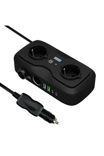 CUPROSMART Invertor de Tensiune Auto portabil 12V, 200w, Adaptor auto, 2x 220V AC Prize, 2xUSB 5V 3.6A,Negru