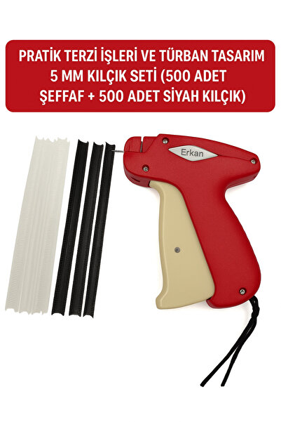 ERKAN Pratik Terzi İşleri 5mm Türban Kılçık ve Tabanca Seti (500 Adet Şeffaf ve 500 Adet Siyah Kılçık)