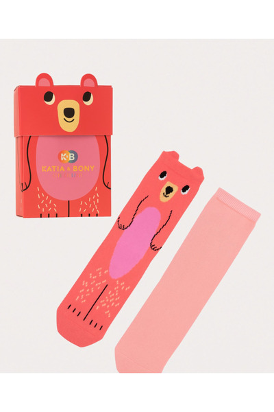 Katia&Bony Girl's Teddy Bear Patterned 2-Piece Boxed Socket Socks Pink