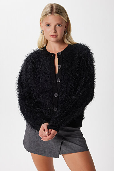 Ritnice Women's Rush Soft Bearded Black Crew Neck Knitwear Cardigan Ws-07226