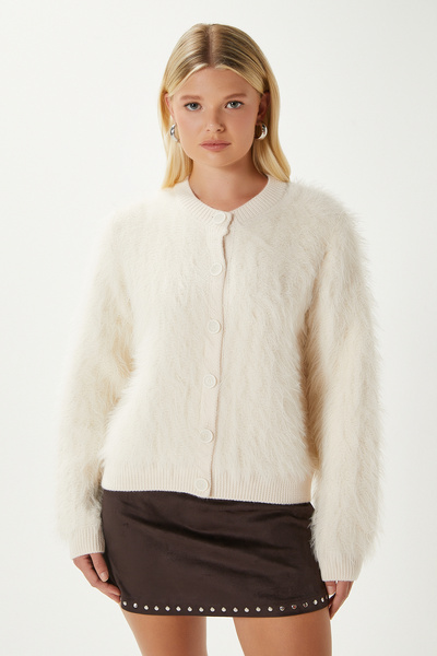 Ritnice Women's Rush Soft Bearded Cream Crew Neck Knitwear Cardigan Ws-07226