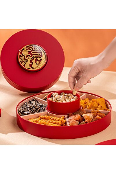 OEM Round Tray with 6 Compartments – Snacks, Dried Fruits & Sweets, Plastic, Red