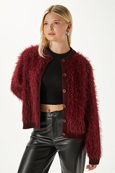 Ritnice Women's Rush Soft Bearded Burgundy Crew Neck Knitwear Cardigan Ws-07226