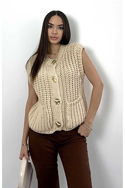 yeditepe fashion Gold Düğmeli Cepli Bellor Triko Yelek Krem