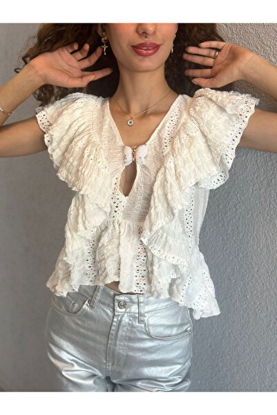 Gönülden Tasarım ΛΕΥΚΗ ΛΙΚΡΑ ΓΥΝΑΙΚΕΙΑ ΜΠΛΟΥΖΑ ΜΕ ΑΞΕΣΟΥΑΡ ΠΕΤΑΛΟΥΝΤΑ ΠΕΤΑΛΟΥΝΤΑ ΣΤΑΝΔΑΡΤ ΜΕΓΕΘΟΣ