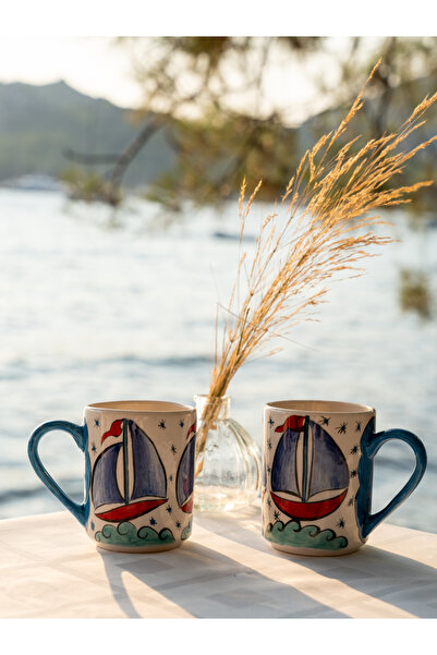 shop El Yapımı 2'li Yelken Desenli Seramik Kupa