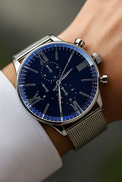 Tulpar Limited Edition Silver Color Navy Dial Mesh Band Men's Wristwatch