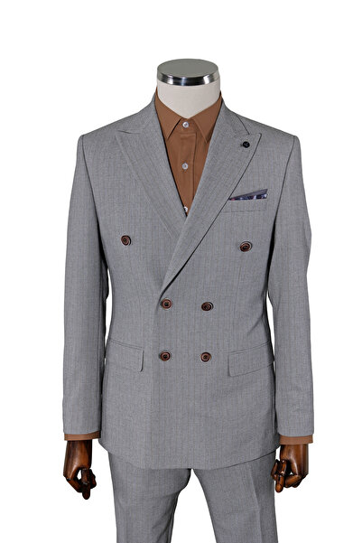 Globay Slim Fit Çizgili Kruvaze Takım Elbise