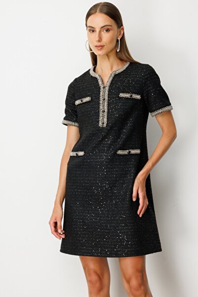 Ekol Boncuk İşlemeli Tüvit Elbise 4003-26k Siyah