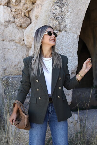 bytugcekaya Khaki Gold Buttoned Premium Double Breasted Blazer