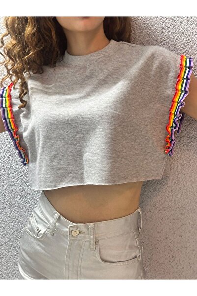 Gönülden Tasarım Gray Color Ruffle Sleeve Basic Women's Crop