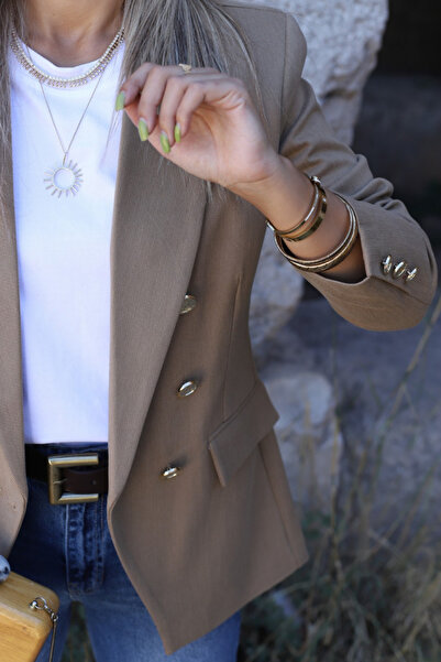 bytugcekaya Kum Gold Düğmeli Premium Kruvaze Blazer