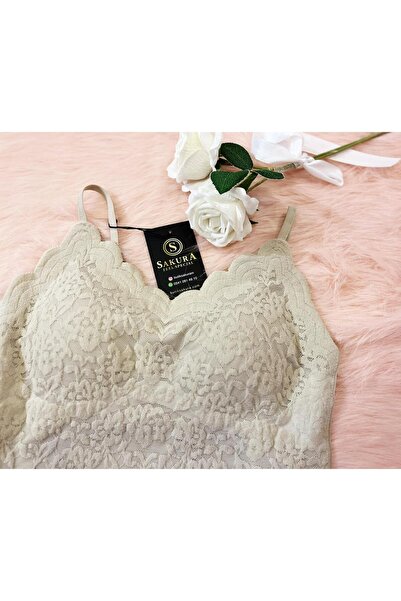 BUTİK SAKURA Cream Color Lace Detailed Crop