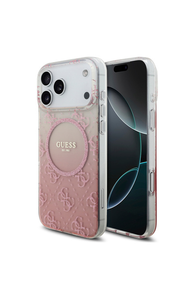 Guess iPhone 17 Pro Max case in a transparent pink gradient color with an elegant pattern. iPhone 17 Pro Max case that supports wireless charging.