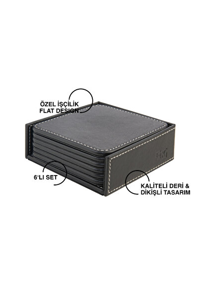2K Coasters, Set of 6, Desktop Square Cup Coaster, Vegan Faux Leather, 11X11 Cm., Black