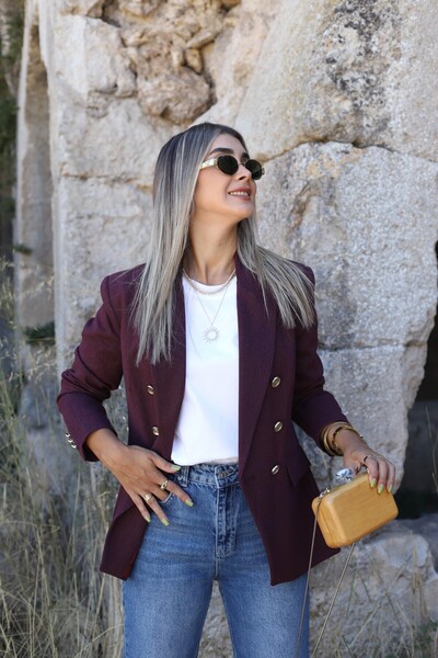 bytugcekaya Bordo Gold Düğmeli Premium Kruvaze Blazer