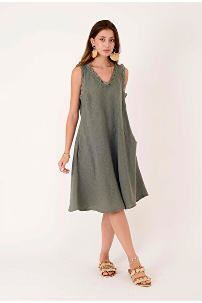 Park Moda 140461 Firfir Detailled Sleeveless Linen Dress