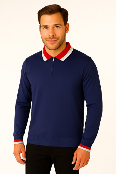 ModaPlaza Men's Polo Neck Zippered Sweater 8008