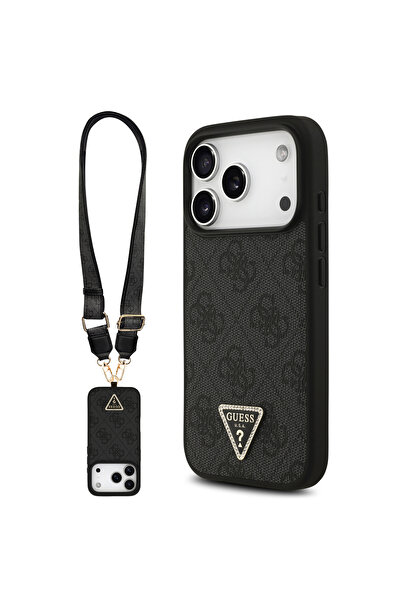 Guess كفر جوال ايفون 17 برو من الجلد بنقش فاخر مع تعليقة. كفر ايفون 17 برو يدعم الشحن اللاسلكي.