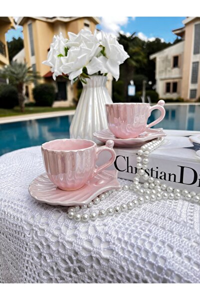 MAMALİZA 2’li Sedefli İSTİRİDYE Seramik Kahve Fincan Seti – 120 ml, İnci Pembe. Bright pink