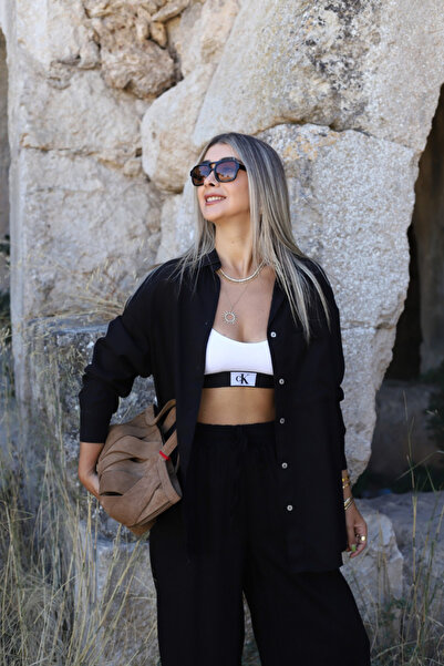 bytugcekaya Black Jean Shirt and Elastic Waist Pants Set