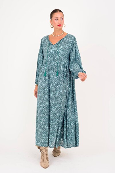 Park Moda An10494 Tassel Detailed Crisp Floral Pattern Dress