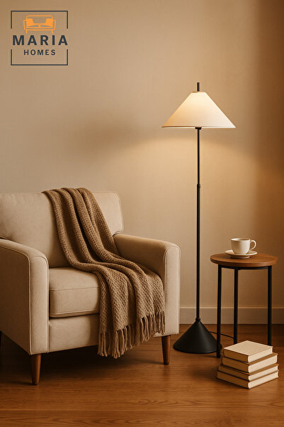 MARIA HOMES Modern Black Floor Lamp with White Conical Shade – Minimalist Standing Light