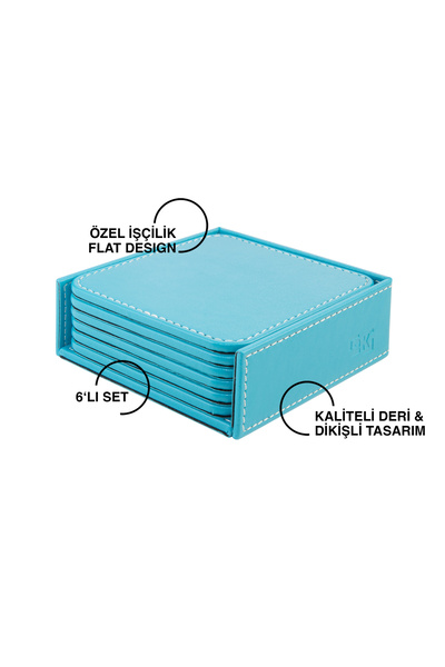 2K Coasters, Set of 6, Desktop Square Cup Coaster, Vegan Faux Leather, 11X11 Cm., Turquoise