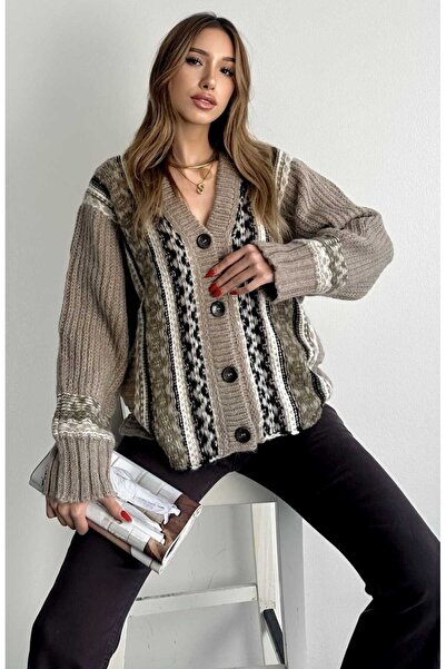 yeditepe fashion Jacquard Pattern Oversize Trend Knitwear Cardigan