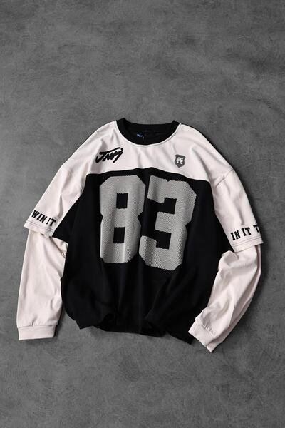 Slatra Men's Black 83 Print Garnished Oversize Sweatshirt