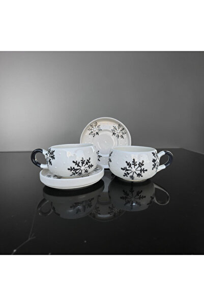 İlbay Çini Takı Black Snowflake Patterned Mug with 2 Beren Plates
