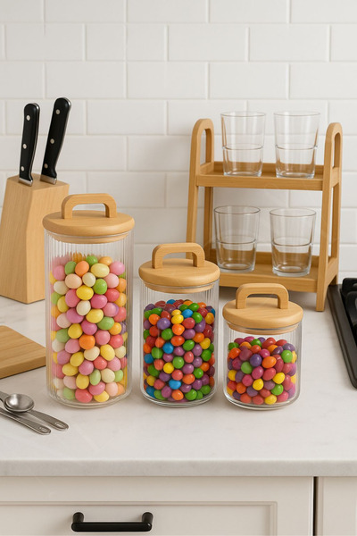 NEWNOW Set of 3 Glass Jars with Bamboo Handles and Lids – Kitchen Food Storage and Organization