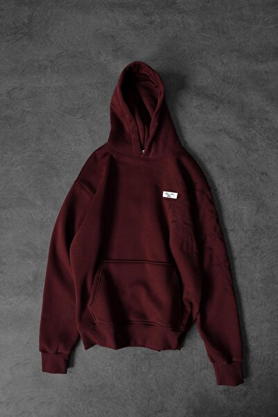 Slatra Erkek Bordo Palm Nakışlı Oversize Kapüşonlu Sweatshirt