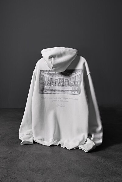 Slatra Men's White Da Vinci Embossed Printed Oversize Hooded Sweatshirt