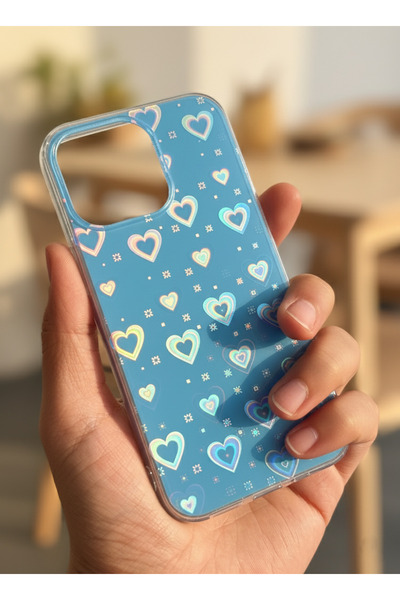 EDELFU iPhone 13Pro Holographic Flashy Heart Hard Back Transparent Sides Protective Phone Case