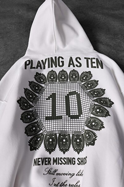 Slatra Men's White Playing as Ten Printed Oversize Hooded Sweatshirt