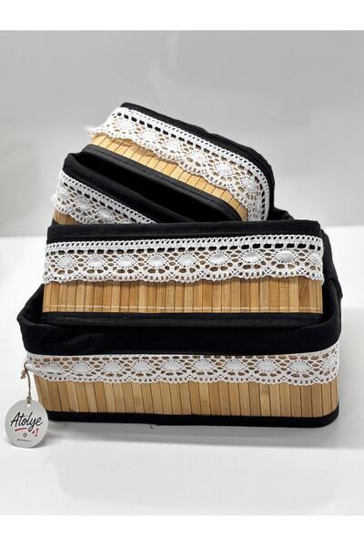 atölye +1 Hasır Çok Amaçlı Sepet/Dörtlü Sepet/Bambu Sepet/Siyah Kumaşlı Çok A...