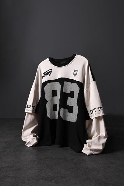 Slatra Men's Black 83 Print Garnished Oversize Sweatshirt