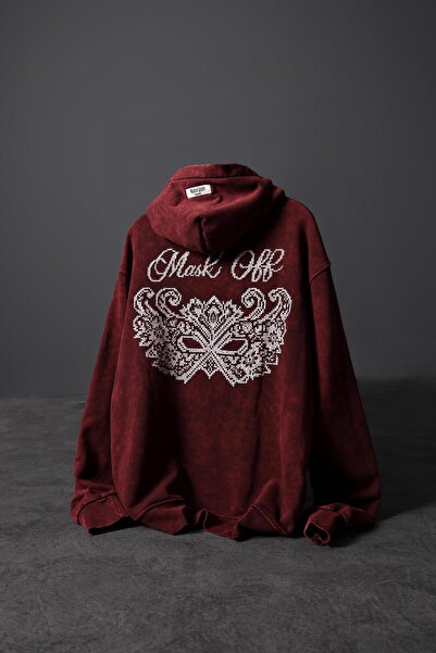 Slatra Erkek Bordo Mask Nakışlı Özel Yıkamalı Oversize Kapüşonlu Sweatshirt