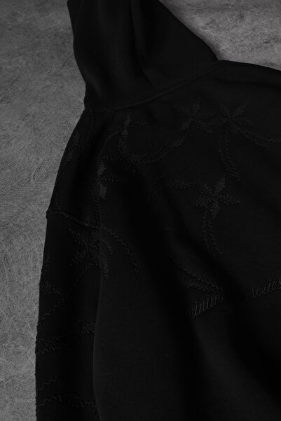 Slatra Erkek Siyah Palm Nakışlı Oversize Kapüşonlu Sweatshirt